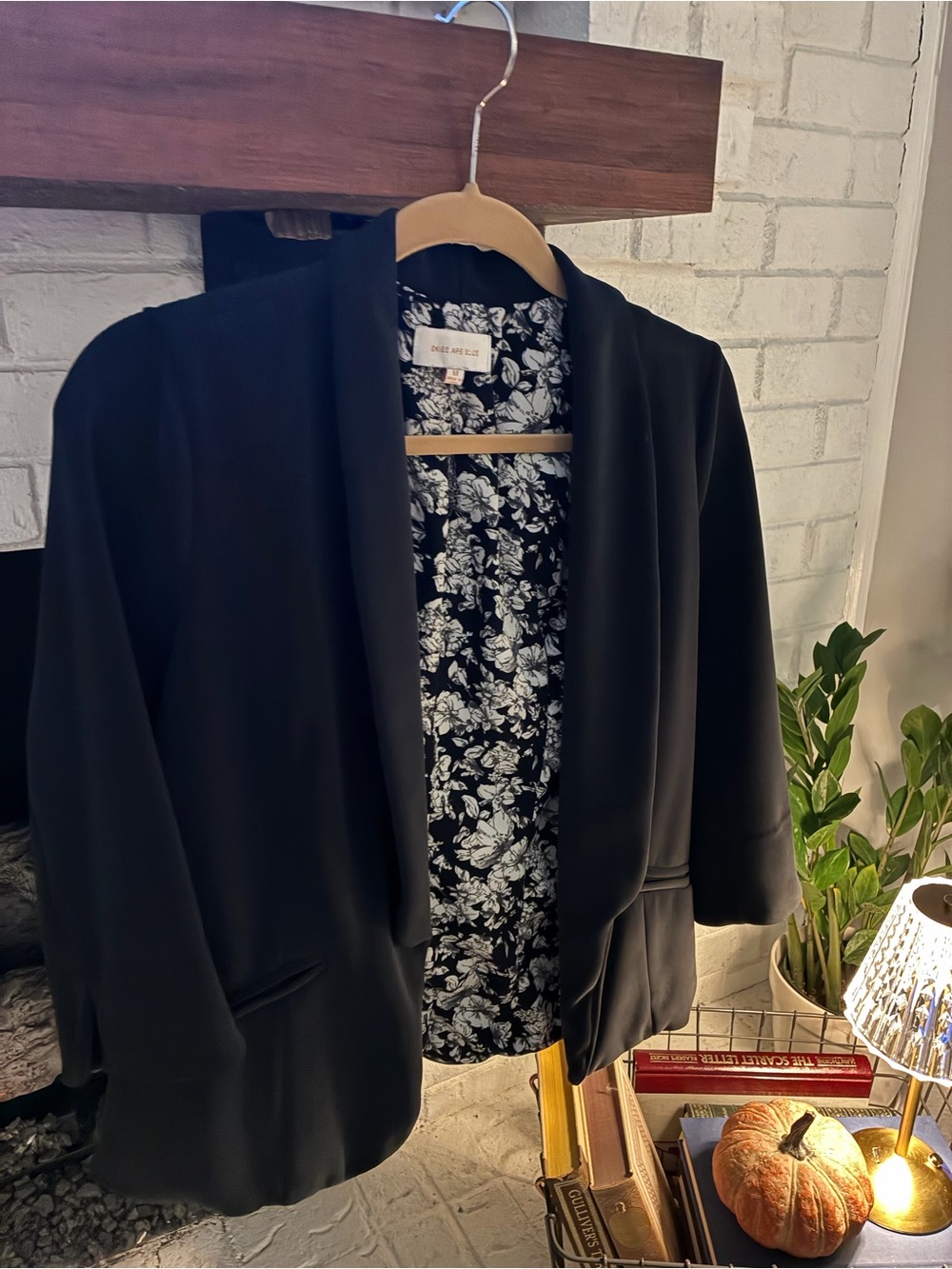 Black Open-Front Women's Blazer with Floral Lining